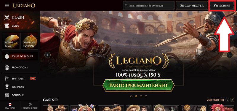S'inscrire sur Legiano Casino : étape 1 du tutoriel