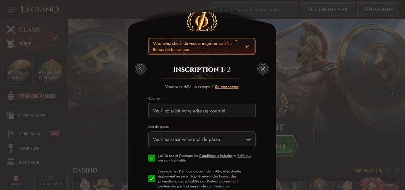 S'inscrire sur Legiano Casino : étape 3 du tutoriel