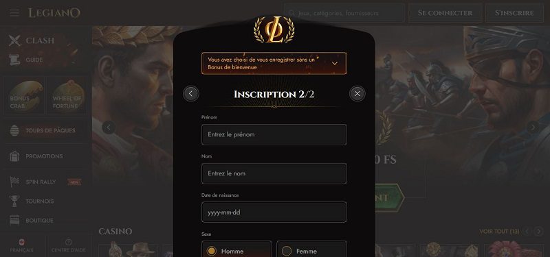 S'inscrire sur Legiano Casino : étape 4 du tutoriel