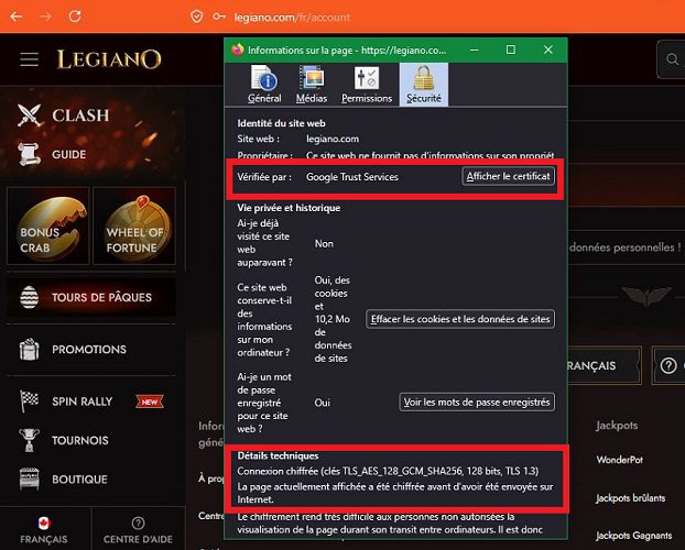 Confirmation du Certificat SSL de Legiano Casino