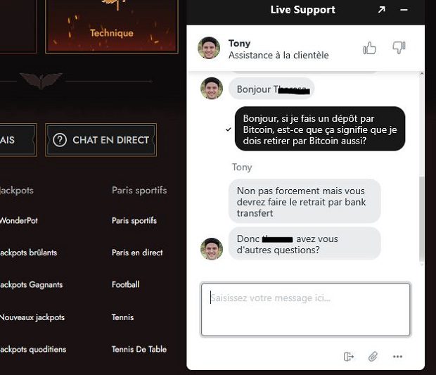 Clavardage avec les agents du support client sur le casino Legiano
