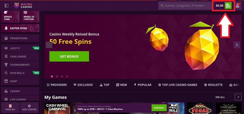 Comment faire un dépôt sur Malina Casino, étape 1 du tutoriel