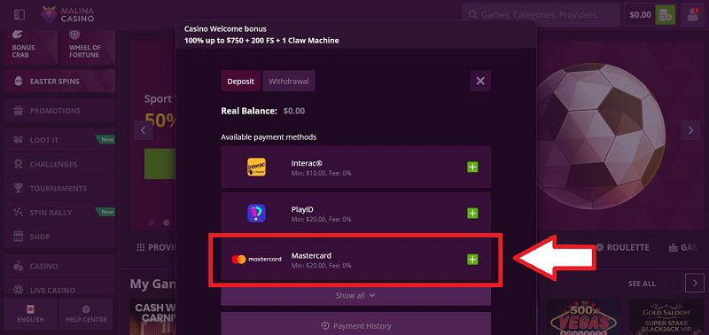 Comment faire un dépôt sur Malina Casino, étape 2 du tutoriel