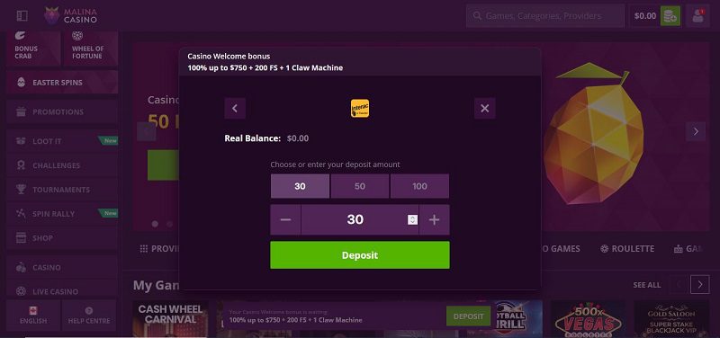 Comment faire un dépôt sur Malina Casino, étape 3 du tutoriel
