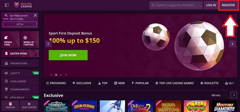Comment s'inscrire sur Malina Casino : étape 1 du tutoriel