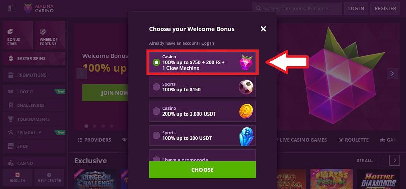 Comment s'inscrire sur Malina Casino : étape 2 du tutoriel