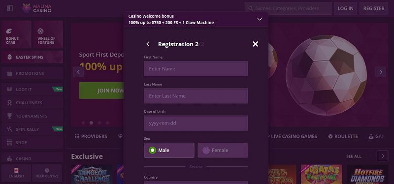 Comment s'inscrire sur Malina Casino : étape 4 du tutoriel