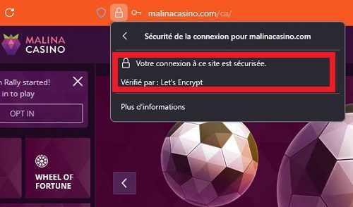 Confirmation du Certificat SSL de Malina Casino