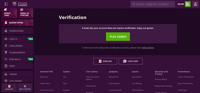 Page de verification de compte sur Malina Casino