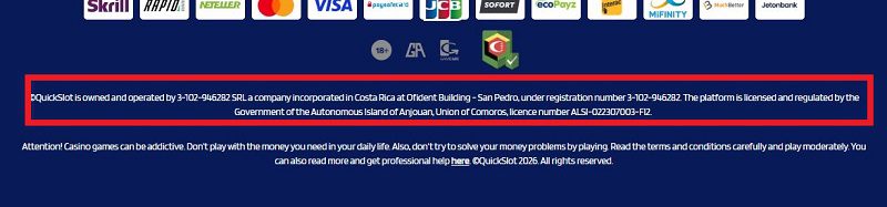 Identité et adresse de l'opérateur de QuickSlot, bien exposés en pied de page