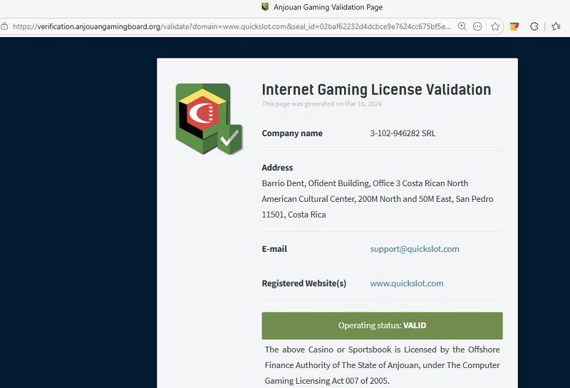 Licence de jeu de QuickSlot, delivrée par Anjouan