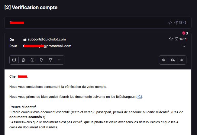 Echange par mail avec le support client de QuickSlot