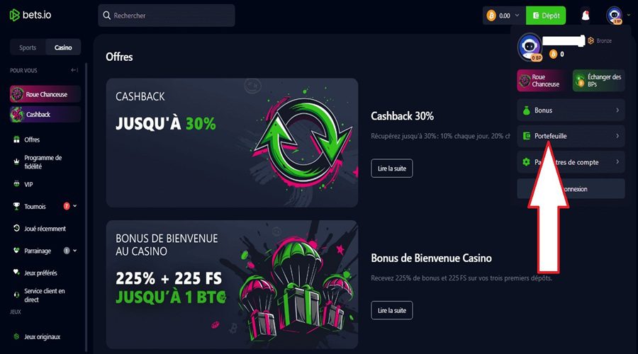 Retrait instantané casino étape 1