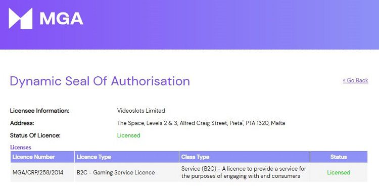 Licence de jeu de Videoslots Casino, delivrée par la Malta Gaming Commission