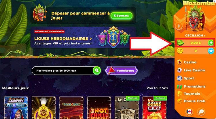Comment faire un dépôt sur Wazamba Casino, étape 1 du tutoriel