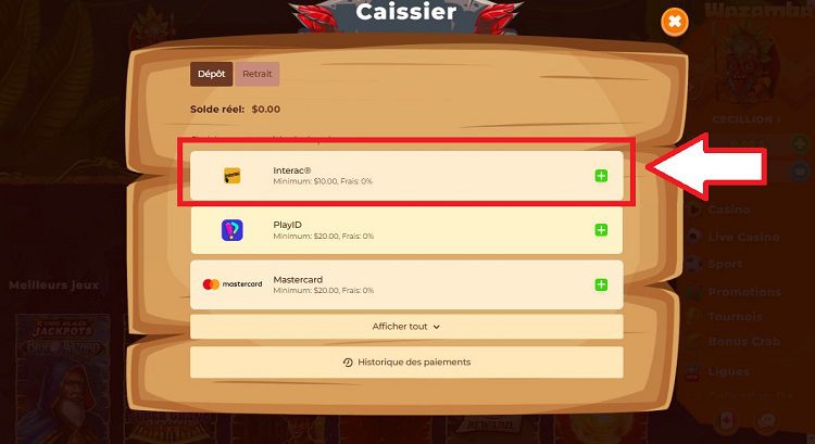 Comment faire un dépôt sur Wazamba Casino, étape 2 du tutoriel