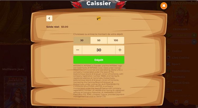 Comment faire un dépôt sur Wazamba Casino, étape 3 du tutoriel
