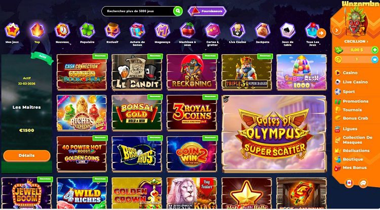 Lobby des jeux sur le casino en ligne Wazamba
