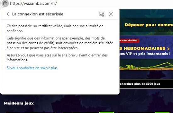 Certificat SSL de Wazamba Casino
