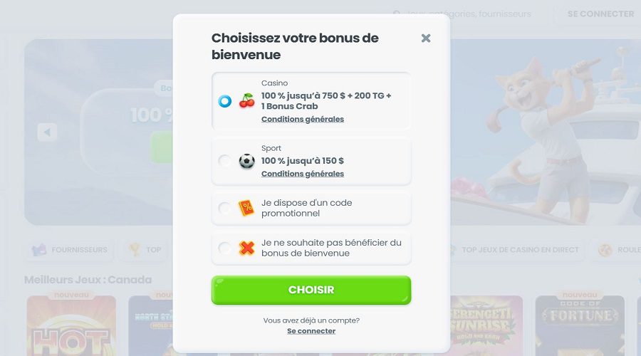 Choix bonus de bienvenue inscription Cazimbo Casino