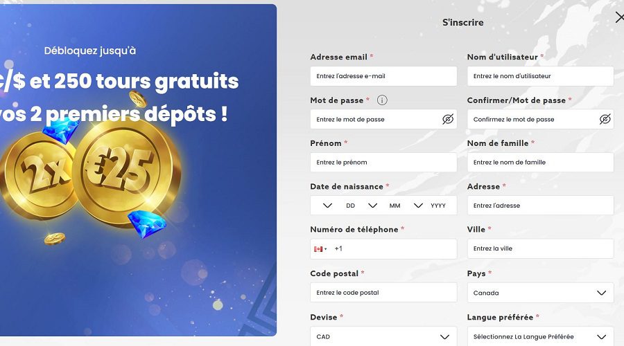 Formulaire d'inscription Scatters Casino