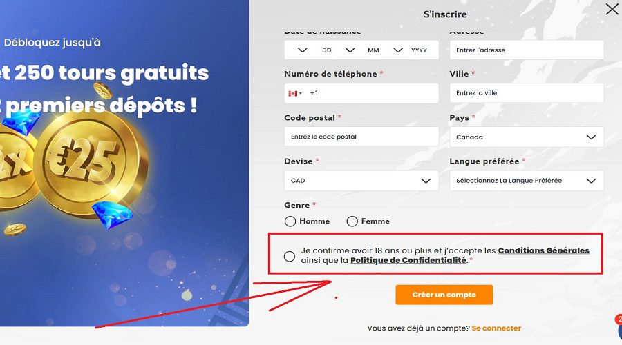 Confirmation âge et CGU inscription Scatters Casino
