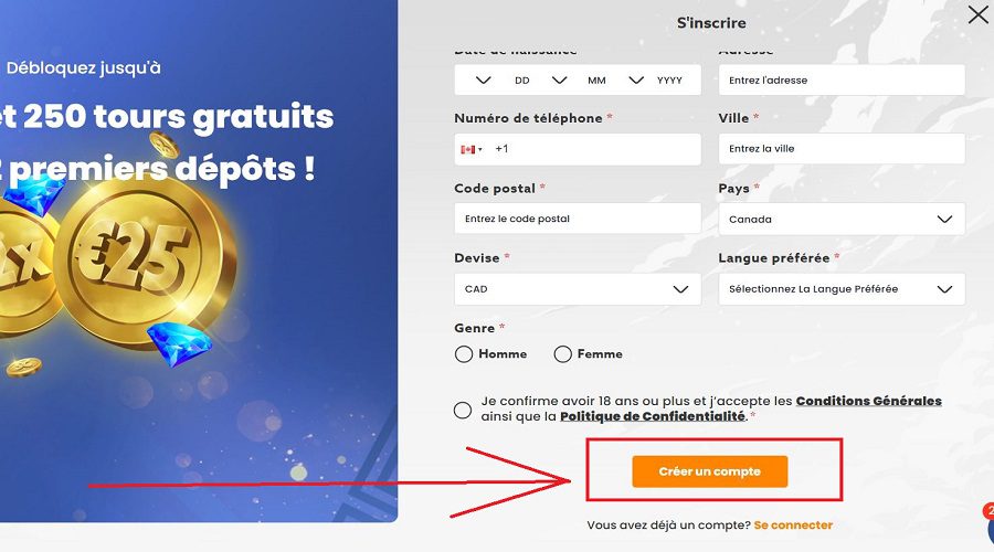 Validation inscription Scatters Casino