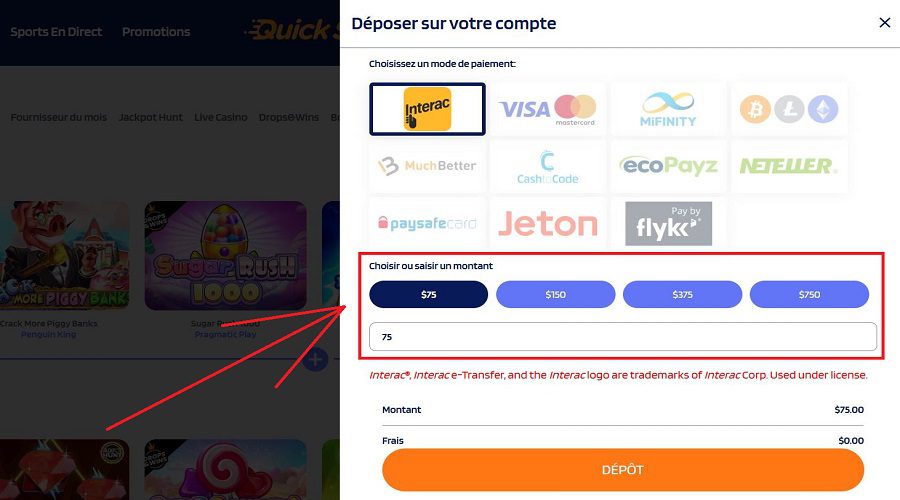 Montant de dépôt Quickslot Casino