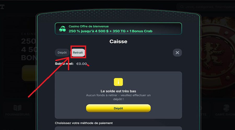 Bouton retrait Kinbet Casino