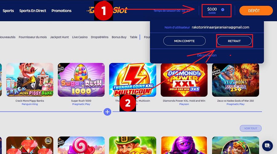Bouton de retrait Quickslot Casino
