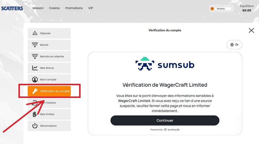 Vérification de compte Scatters Casino