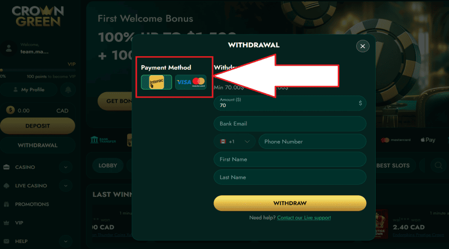 crowngreen withdrawal step 2