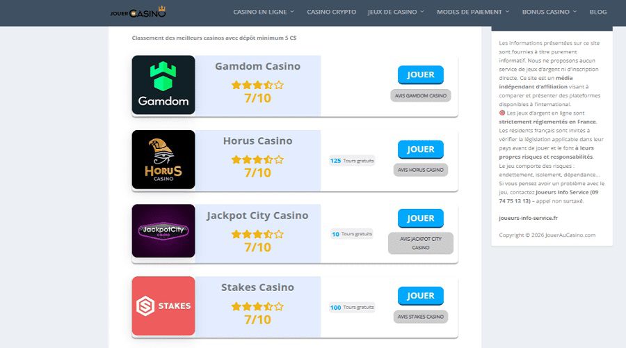 Meilleurs casinos avec dépôt 5 C$ 