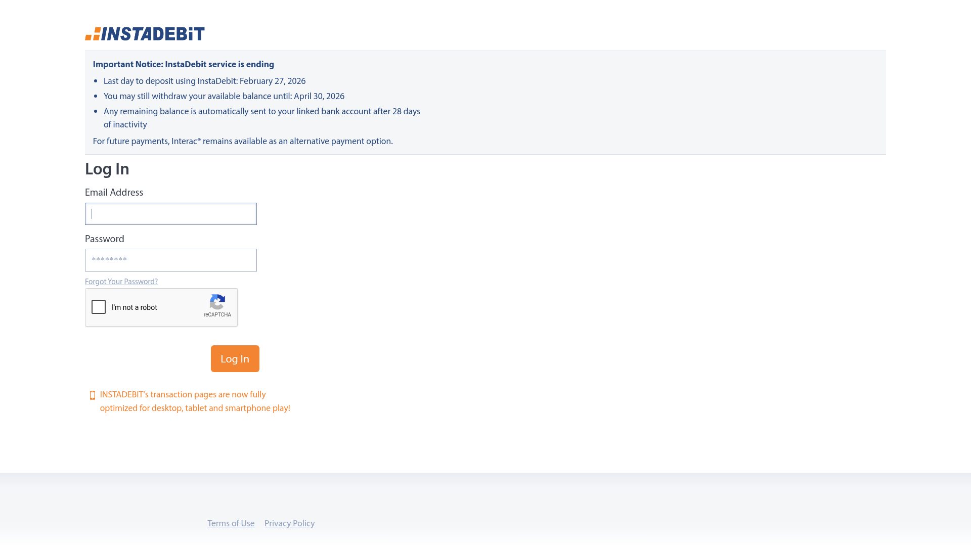 Instadebit service ending notice from instadebit.com - deposits stopped February 27, 2026 and withdrawals until April 30, 2026