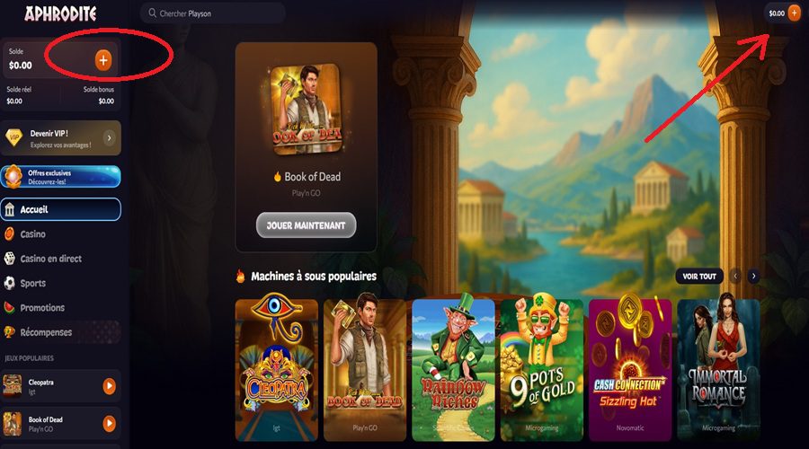 Acceuil caisse Aphrodite casino en ligne