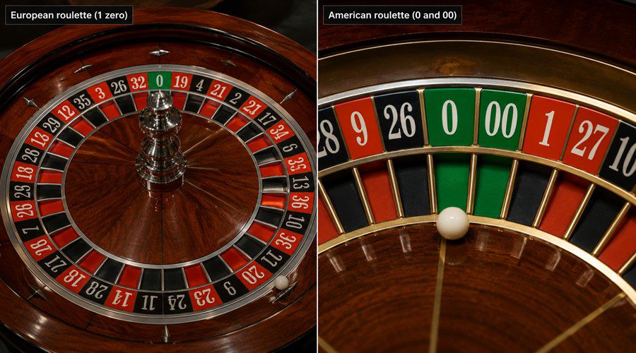 Comparaison entre roulette européenne à un zéro et roulette américaine avec zéro et double zéro visibles.
