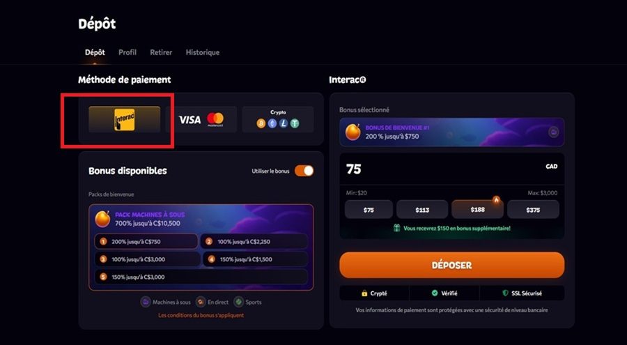Dépôt étape 1 Aphrodite casino