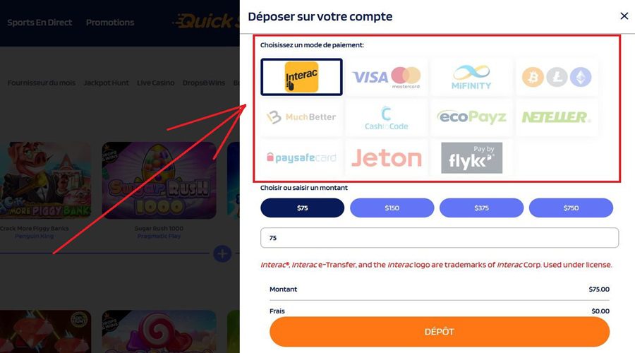 Dépôt Quickslot casino en ligne