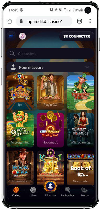 Version mobile Aphrodite casino