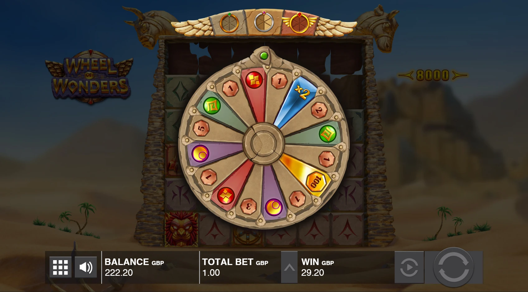 Feature Ancient Wheel de Wheel of Wonders : roue dorée akkadienne avec segments de prix et multiplicateurs