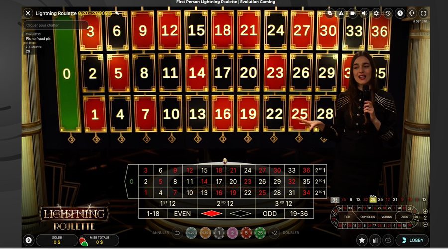 Table Lightning Roulette en ligne avec tapis de mise zoomé, jetons visibles et limites affichées en dollars.