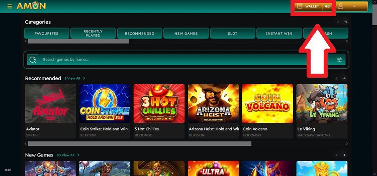 Comment faire un dépôt sur Amon Casino, étape 1 du tutoriel