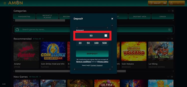Comment faire un dépôt sur Amon Casino, étape 2 du tutoriel