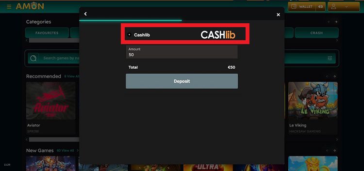 Comment faire un dépôt sur Amon Casino, étape 3 du tutoriel