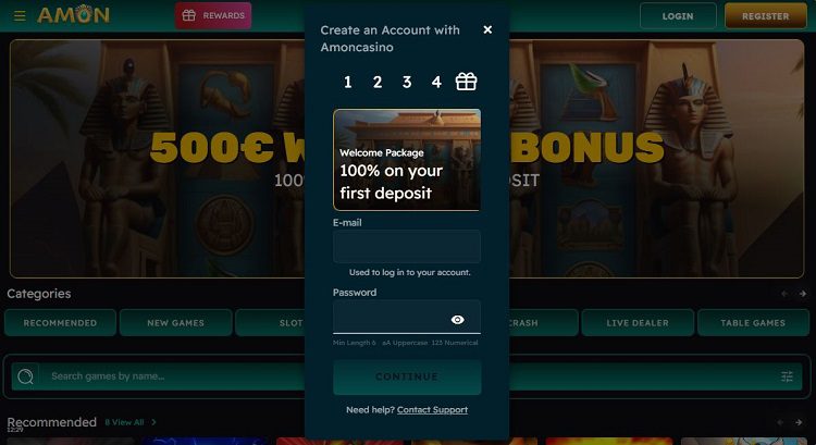 Comment s'inscrire sur Amon Casino : étape 2 du tutoriel