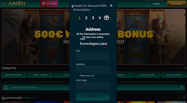 Comment s'inscrire sur Amon Casino : étape 3 du tutoriel
