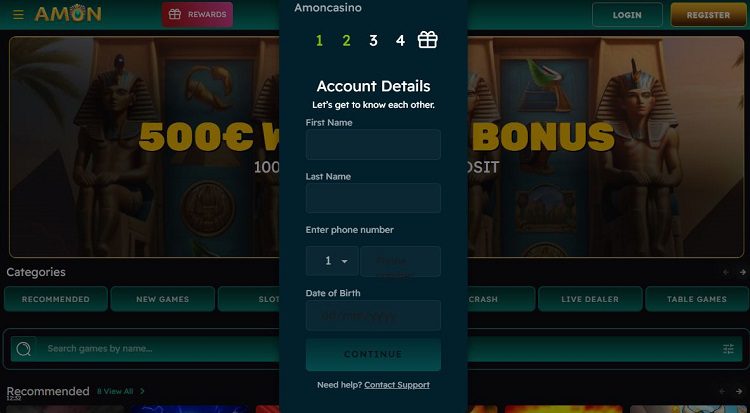 Comment s'inscrire sur Amon Casino : étape 4 du tutoriel