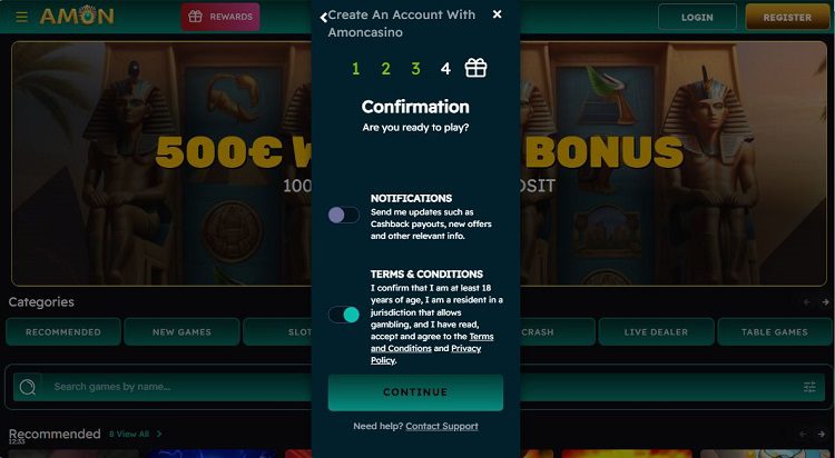 Comment s'inscrire sur Amon Casino : étape 5 du tutoriel