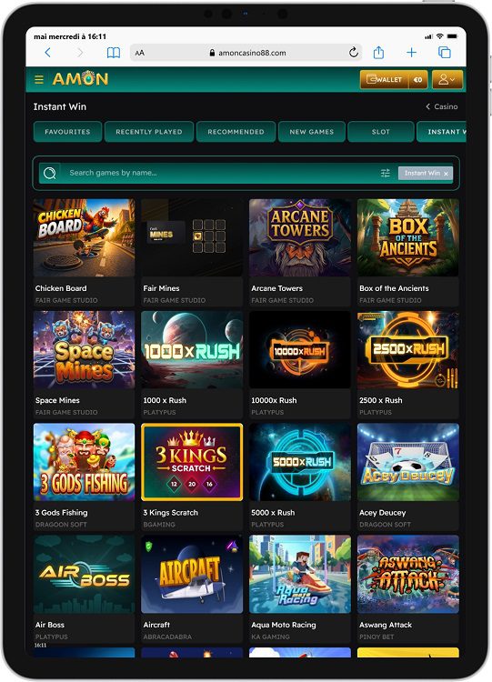 Vue d'une page du site de Amon Casino depuis une tablette