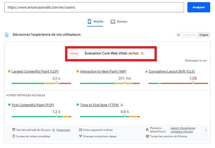 Résultat des tests de Amon Casino sur PageSpeed Insight de Google
